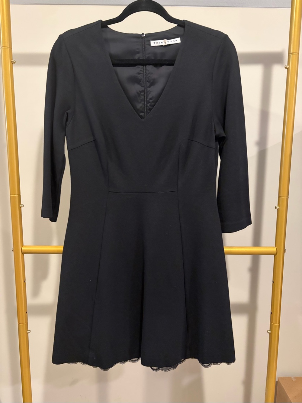 Trina Turk Black V-Neck Fit-and-Flare Long Sleeve Dress